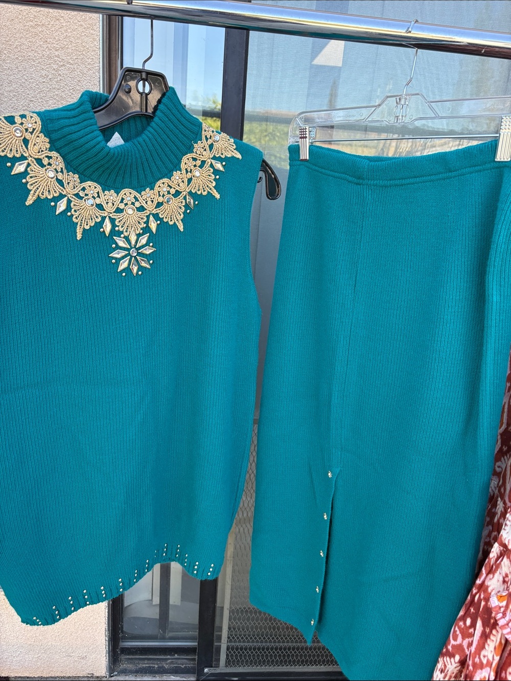 Focus U S A Teal Knit Two-Piece Set with Gold Embellished Neckline